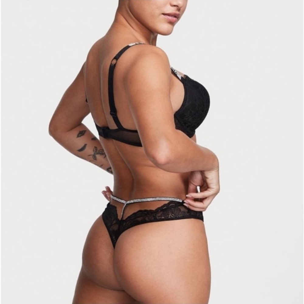 Victoria's Secret Black Lace Thong with Rhinestone Waistband